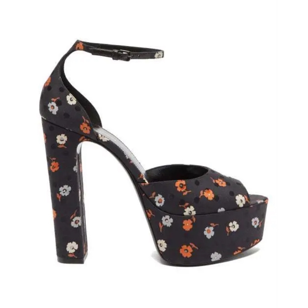 Saint Laurent Jodie Platform Sandals In Black Satin Floral size 37.5